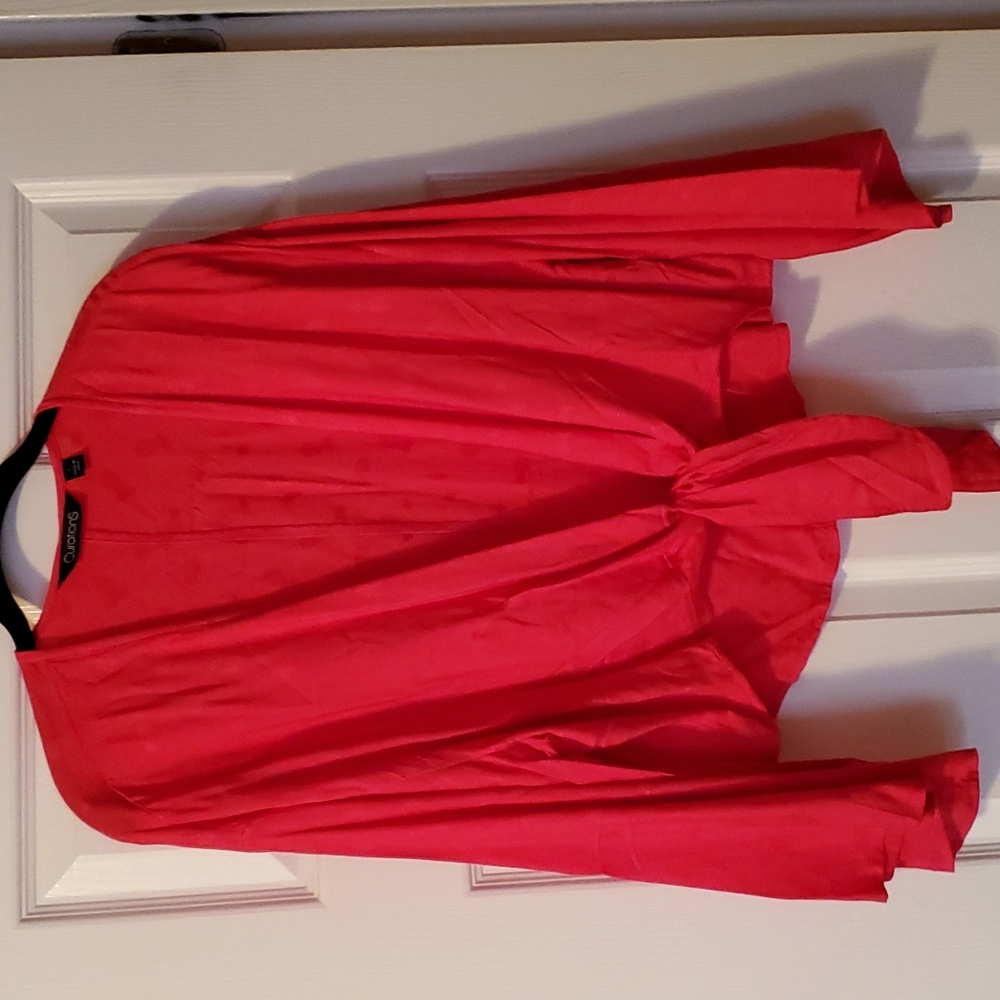 CURATIONS hot pink(w/embroidered pineapples)tie front shrug w/long bell sleeves.